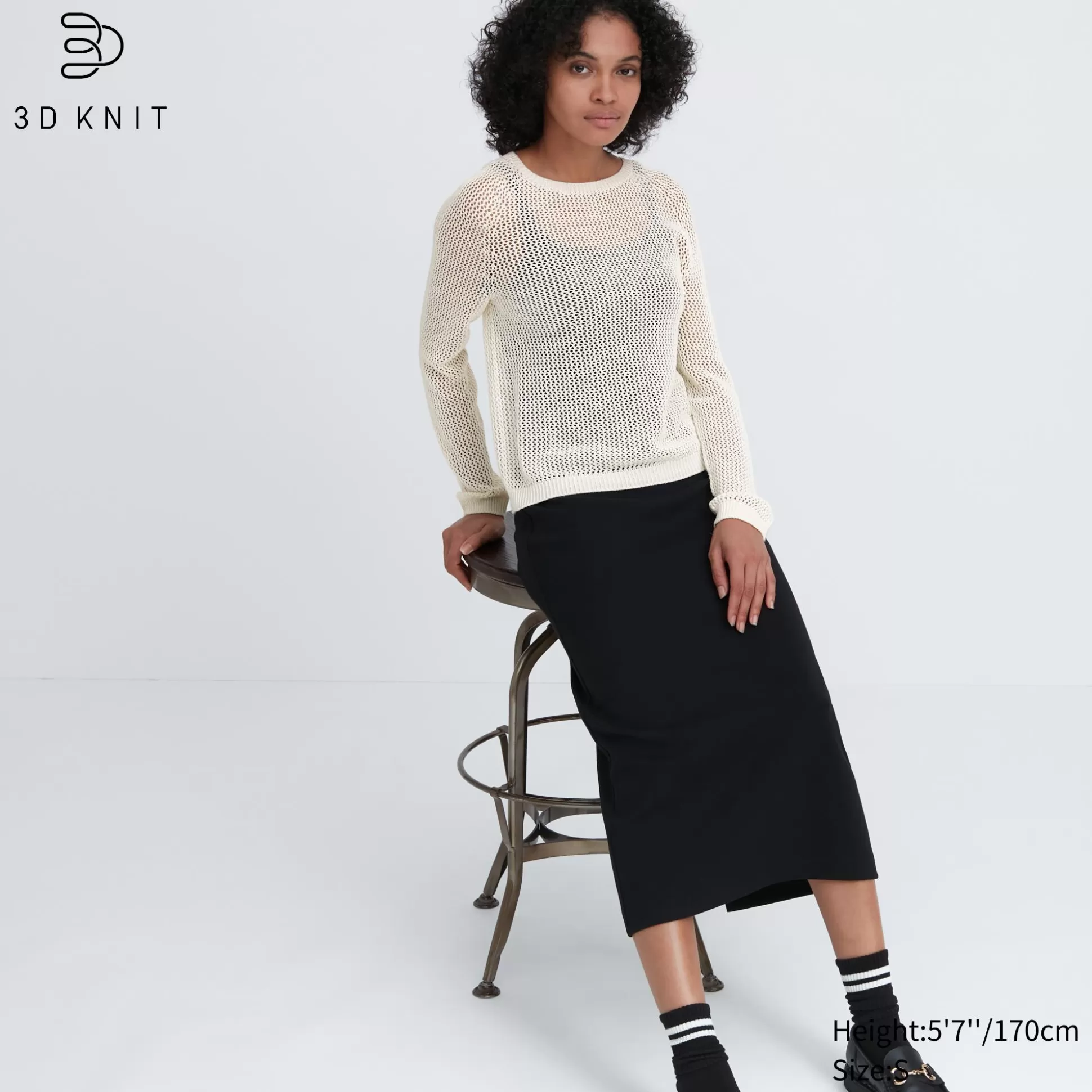 Women UNIQLO Sweaters<3D Knit Mesh Long-Sleeve Crew Neck Sweater