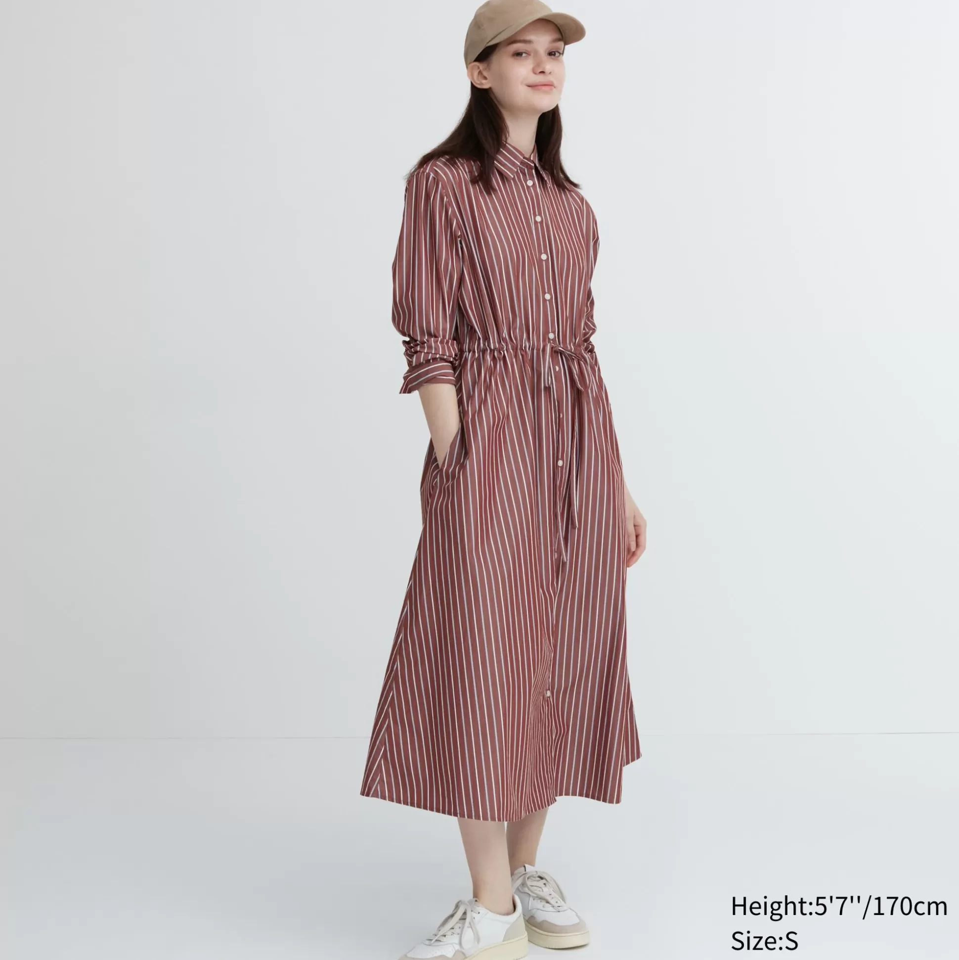 Women UNIQLO Dresses<Striped Cotton Long-Sleeve Long Shirt Dress